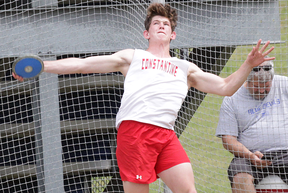 Constantine’s Bennett VandenBerg competes in the discus during a home meet his junior season. 